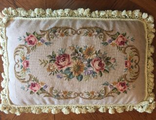 Vintage Aubusson Wool Tassel Needlepoint Decorative Floral Tapestry Pillow