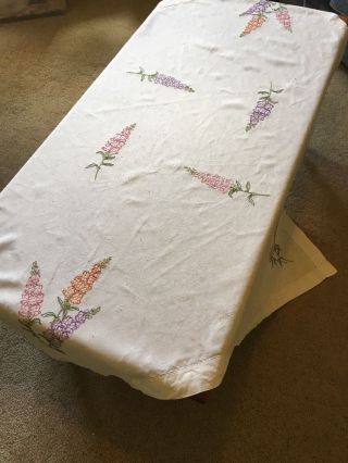 Vintage Hand Embroidered Ecru Pure Linen Tablecloth Floral Theme 120cm Square
