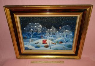 Vintage Oil on Canvas Winter Landscape Painting Janine Faure Terrieu w/ 2