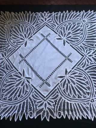Antique Battenburg Lace & Linen 51 " Square Tablecloth - White