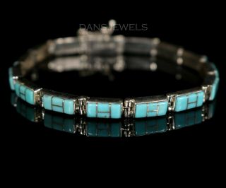 Vintage Navajo Turquoise Inlay 7 1/2 " Sterling Silver Women 