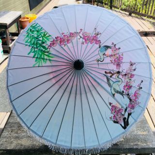 Vintage Pale Blue Floral Japanese Bamboo Silk Umbrella Parasol Cranes