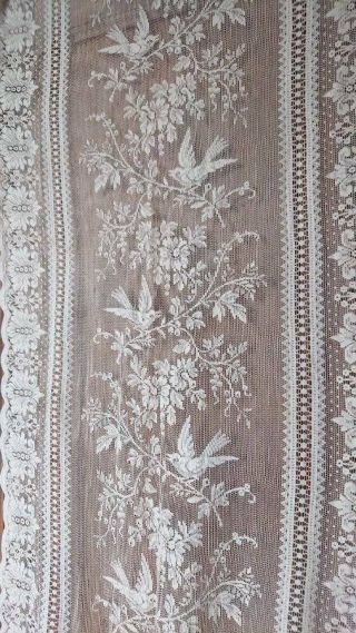 Delicieux Antique French Long Lace Panel With Birds & Butterflies C1910
