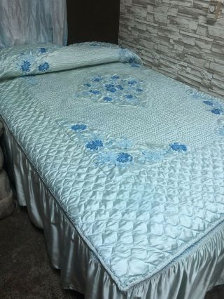 Vintage 1940’s Satin Bedspread Decorative Aqua Embroidery Hollywood Regency Full
