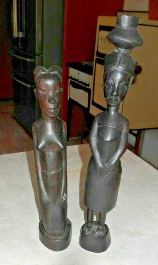 2 Vtg African Hand Carved Solid Ebony Wood? Tribal Women 12.  5 " & 10 " Statues