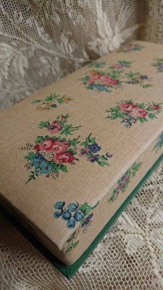 Delicieux Antique French Textile Covered Boudoir Box Rose Bouquets C1930