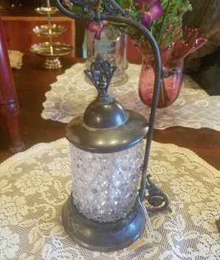 Victorian Era Antique Pressed Glass Pickle Castor With Silver Plate Stand