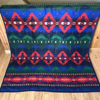 Biederlack Blanket Aztec Southwest Design Blue Green Red Plush Thick Usa 76x56
