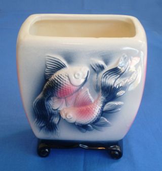 Vintage Mid Century Asian Ceramic Vase Planter 2 Koi Fish Design Pink & Black