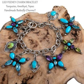 Leo Feeney Charm Bracelet Turquoise Butterfly Amethyst Cross Sterling Silver