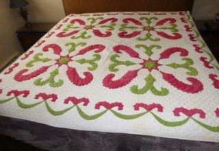 Handmade Princess Feather & Star Red & Green Appliqued Quilt Christmas