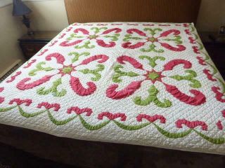 HANDMADE PRINCESS FEATHER & STAR RED & GREEN APPLIQUED QUILT CHRISTMAS 2