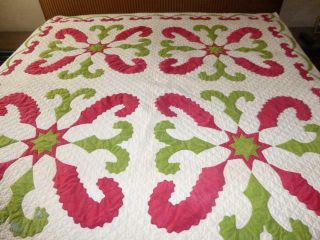 HANDMADE PRINCESS FEATHER & STAR RED & GREEN APPLIQUED QUILT CHRISTMAS 3