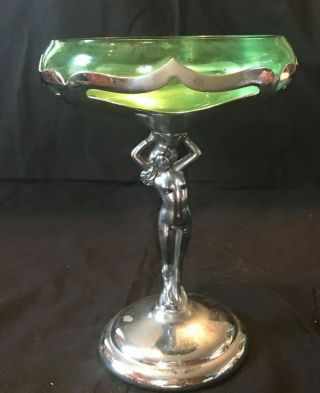 Lovely Vintage Art Deco Faber Brothers Chrome Nude Lady W Green Glass Compote