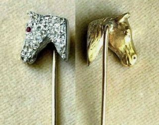 c1910 RARE DOUBLE HORSE HEAD DAY & NIGHT 18k Platinum MINE - CUT DIAMOND Stick Pin 2