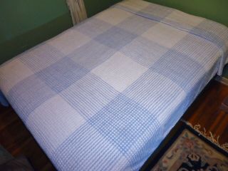 Ll Bean Blue & White Square Pattern Chenille Blanket Bedspread Twin 84 X 106 A,