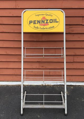 Vintage Pennzoil Safe Lubrication Motor Oil 12 Can Rack Display Sign 46”
