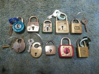 10 Different Old Miniature Padlock Lock All W/key.  Vici,  Bat,  Highmount.  N/r