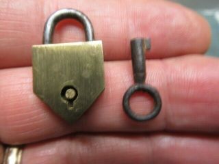 Odd Shaped Old Brass Miniature Padlock Lock.  With A Key.  No Maker 