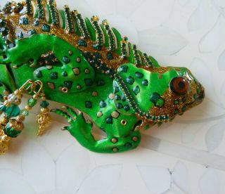 Huge Rare Vintage Lunch At The Ritz Enamel Rhinestone Pin Of The Iguana Brooch