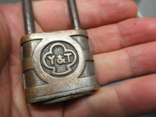 Very unusual old brass YALE padlock lock with a keyhole cover.  key.  n/r 2