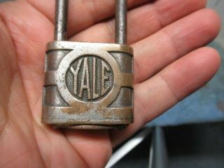 Very unusual old brass YALE padlock lock with a keyhole cover.  key.  n/r 3