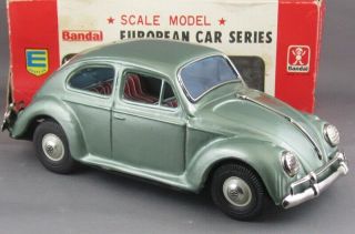 Vintage 1960s Bandai Japan Tin Volkswagen Vw Beetle Rare Sage Green Mint/boxed