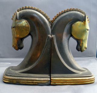 Vintage Art Deco Dodge Bronze Tone Metal Trojan Horse Head Bookends