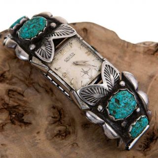 Vintage Zuni Turquoise Watch Bracelet Sterling Silver Old Pawn Leaves Tips