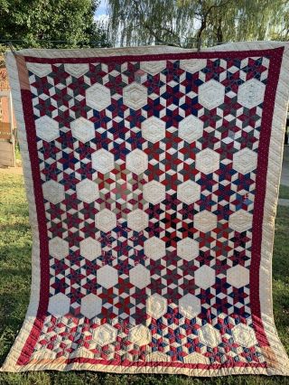 Antique Late 1800’s Hand Quilted Early Wines & Blue Calicos Seven Sisters Quilt