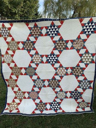 Antique Late 1800’s Hand Quilted Very Early Fabrics Stars Pattern Quilt