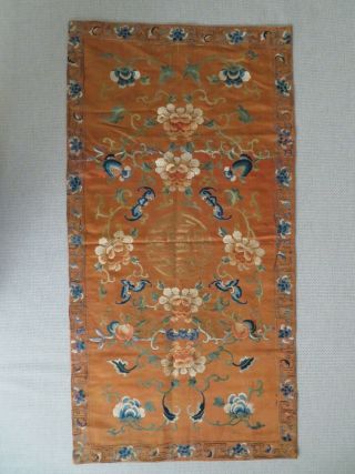 Large Antique Chinese Orange Silk Imperial 5 Bats Embroidered Panel -