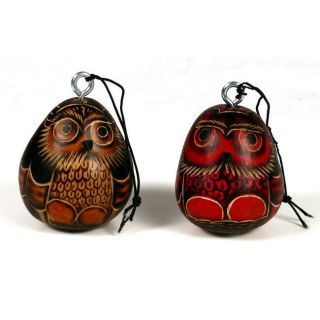 4356 Two Artisan Hand Carved Gourd Owl Hanging Ornaments Peru Fair Trade 3.  5 "