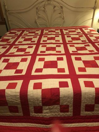 Vintage Quilt,  Red & White Patchwork,  Hand Quilted,  Wall Hanging 89 X 88 In.