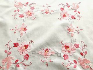 Vintage Hand Embroidered AppliquÉ White & Pink Cotton Table Cloth 32x33 Inches