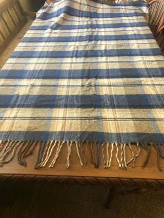 Vintage Pendleton Wool Plaid Throw Blanket With Fringe Blue & Camel 54 X 72