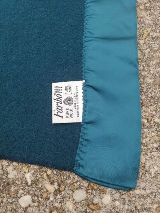 Vintage Faribo Wool Blanket Green Silk Trim Faribault Woolen Mills Twin 66 x 90 3