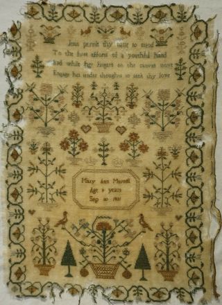 Early 19th Century Motif & Verse Sampler By Mary Ann Murrell Aged 9 - 1831