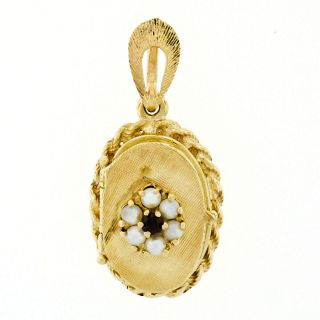 Vintage 14k Yellow Gold Garnet Pearl Florentine Oval Double Sided Locket Pendant