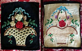 1820 - 40 Lovely English Stumpwork Woolwork Embroidery Velvet Panel Funeral Basket