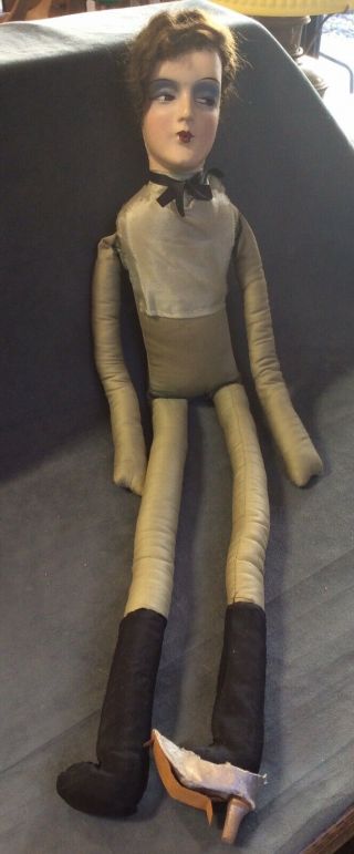 Vintage French Boudoir Doll 28” Long Cloth Body Painted Face Sly Look