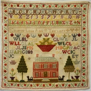 Late 19th Century Red House & Motif Sampler By Catherine Leslie Age 11 - 1879