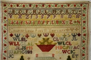 LATE 19TH CENTURY RED HOUSE & MOTIF SAMPLER BY CATHERINE LESLIE AGE 11 - 1879 2