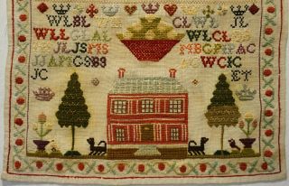 LATE 19TH CENTURY RED HOUSE & MOTIF SAMPLER BY CATHERINE LESLIE AGE 11 - 1879 3