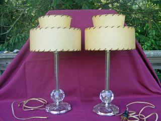 Pair Mid Century Modern Etched Glass Table Lamps,  2 Tier Small Fiberglass Shades