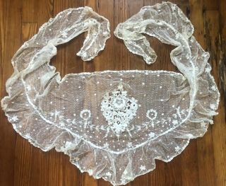 Antique Victorian Hand Embroidered Net Lace Shawl Textile