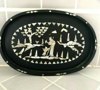 Antique Black Lacquer Chinese Wood Tray With Inlaid Mother Of Pearl