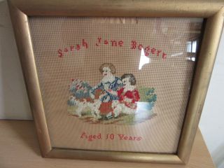 Antique 1800s Cross Stitch Sampler Framed,  2 Figures Named " 10 Years Old ".