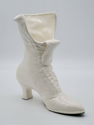 Victorian Lace Up Boot Shoe Vase / Planter White Vintage Ceramic