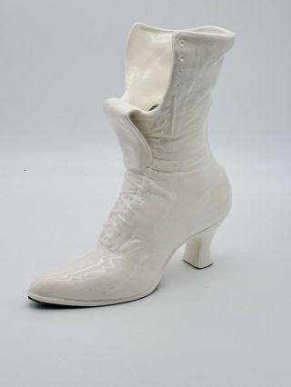 Victorian Lace Up Boot Shoe Vase / Planter White Vintage Ceramic 3